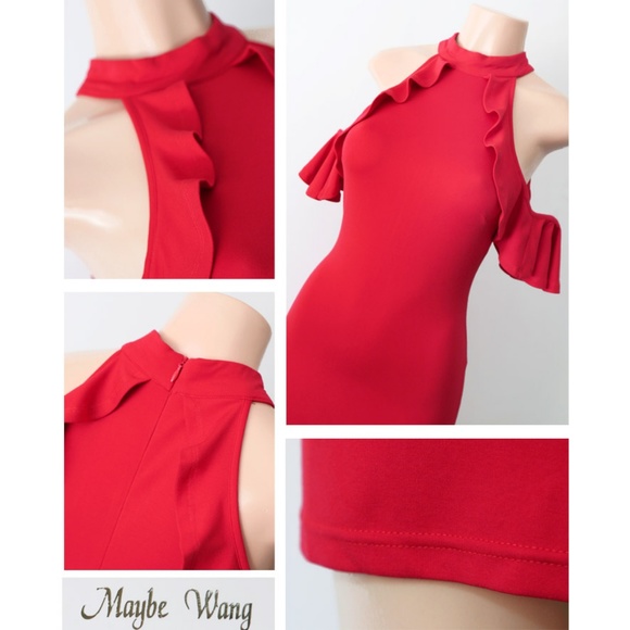 Red Mock Neck Ruffle Cold Shoulder Bodycon Dress - Picture 5 of 8
